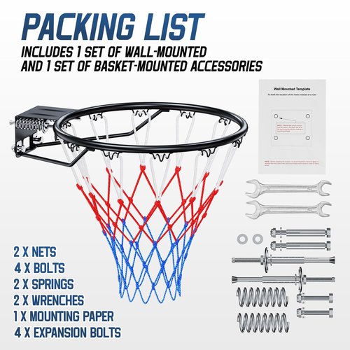 Airjam Basketball Rim, 18" Replacement Wall Mounted Outdoor Basketball Hoop, Heavy Duty Solid Steel, Double Spring Basketball Hoop Rim with All Weather Net for Indoor and Outdoor Hanging, Black