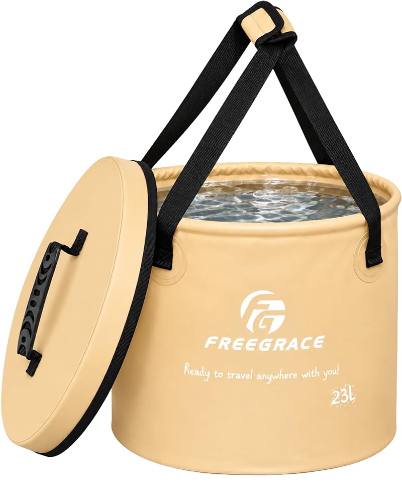 Freegrace 23L Collapsible Water Bucket with Lid – Khaki, With Lid, Portable Camping Wash Basin