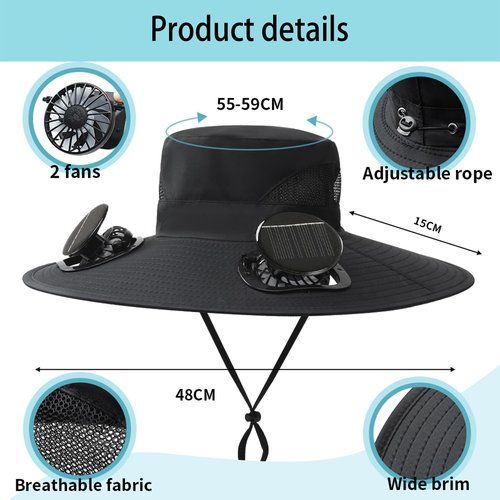 Wide Brim Solar Fan Hat, Hat with Fans Solar Power, Removable & USB Charging Fan, Sun Hats for Men Women Outdoor Fishing (US, Alpha, One Size, Large, Petite Plus Size, Black)