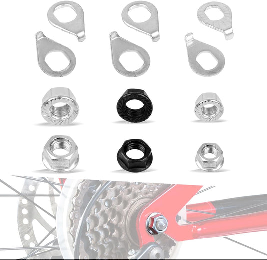 12PCS Bicycle Axle Nuts and Safety Washers, 3 Size M8 M9.5 M10 Bike Wheel Nuts Kit, Black Silver Bike Axle Nuts Washers for Front Rear Mountain Road Kid City Bike Wheel