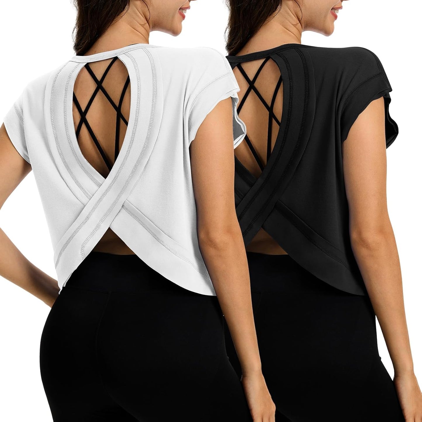 2 Pack Women's Open Back Workout Tops Short Sleeve Backless Athletic Shirts Loose Fit Crop Tops Running Gym Yoga Tee