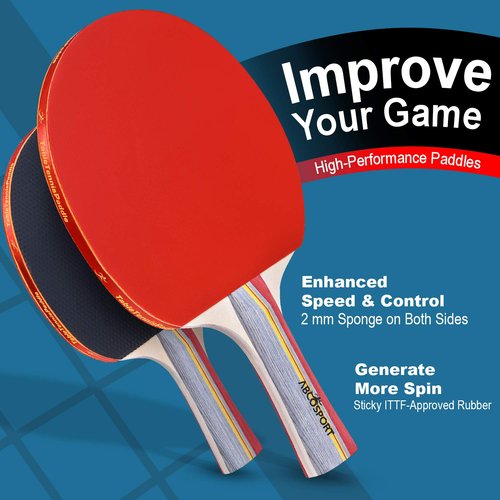Abco Tech Ping-Pong Paddles and Balls Set - Professional, Recreational Table Tennis Paddles Set - Includes 4 Rackets with Flared Handles with 6 Balls - Black and Red Rubber for Optimal Spin Control