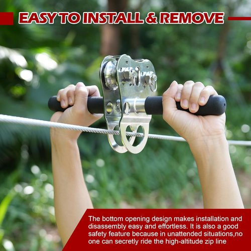 Fologtoo Zipline Pulley, Heavy Duty 304 Stainless Steel Zipline Trolley, Reinforced Safety Handle for Backyard Zipline, Hauling, Suitable for 1/4 to 1/2 Inch Steel Cable, 1100 lbs Working Load Limit