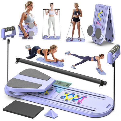 FUNWICT Pilates Board Pilates Reformer Set, Pilates Board for Home Workout Foldable Pilates Reformer Board for Women, 6 in 1 Multifunctional Pilates Equipment (Purple)