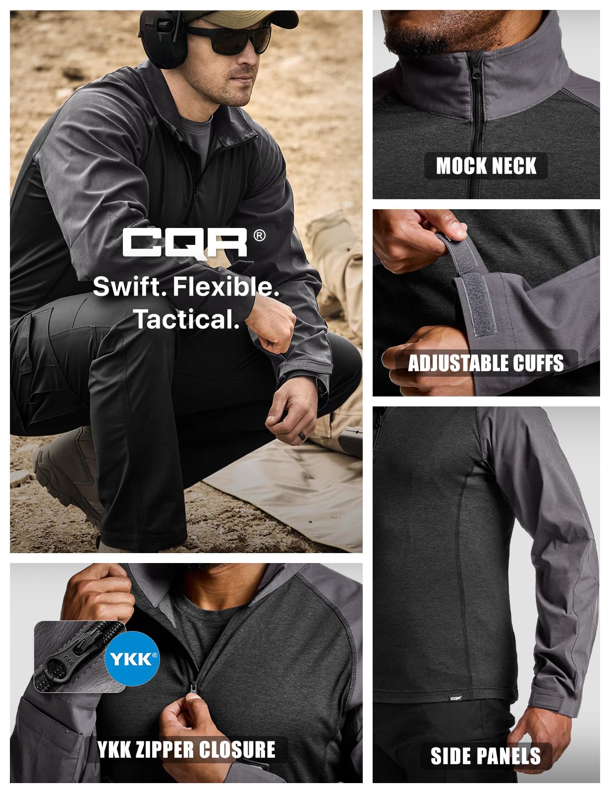 CQR Men's Tactical Combat Shirt, 1/4 Zip Long Sleeve Breathable Military BDU Training Top for Shooting, Hunting, Range Use, Tac Chill Charcoal, Medium