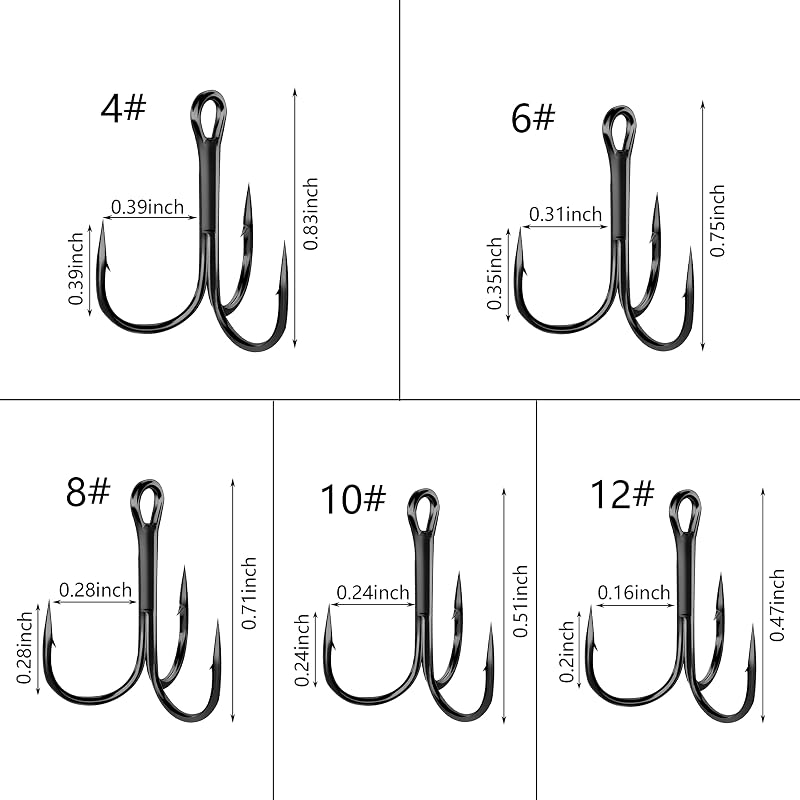 Black Treble Hooks Assortment Set 150 Pcs High Carbon Steel 4 6 8 10 12 Saltwater Freshwater