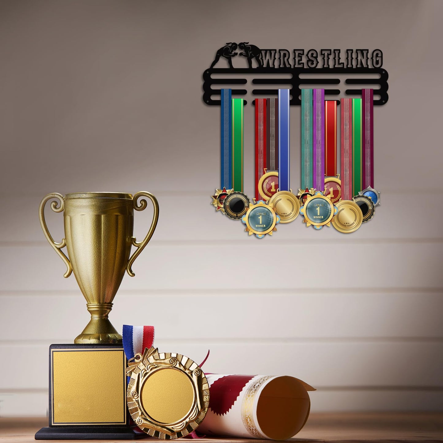 PH PandaHall Wrestling Medal Holder Athletics Medal Award Ribbon Hanger Display Rack Wall Mount Hanger Decor Trophy Shelf Tiered Award Rack for Over 50 Medals Easy to Install 15.75 Inch