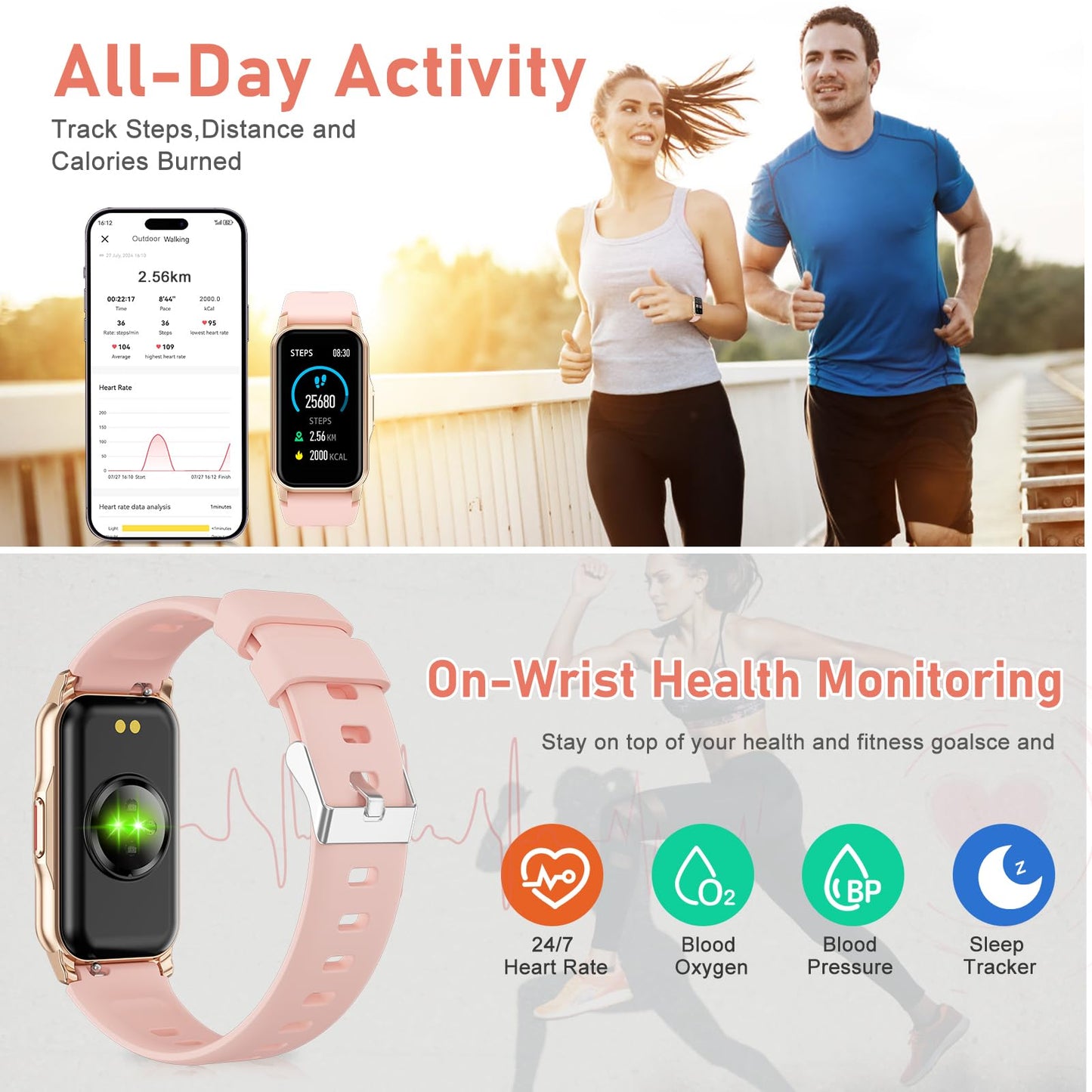 Fitness Tracker with Step Counter/Calories/Stopwatch, Activity Tracker, Health Tracker with Heart Rate Monitor, Sleep Tracker,1.47'' Touch Color Screen, Pedometer Watch for Women Men