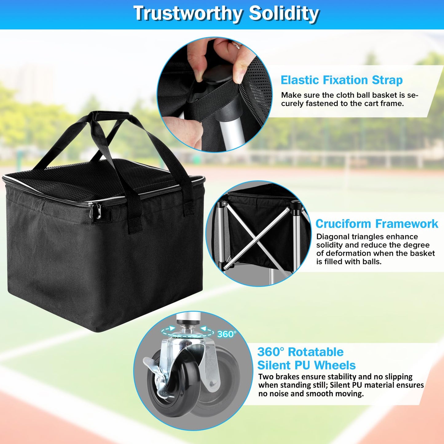 Angooni Professional Tennis Cart with Silent PU Wheels - Sturdy and Lightweight Tennis Ball Cart with 150-Ball Capacity - Portable Tennis Balls Basket & Reliable Ball Carrier
