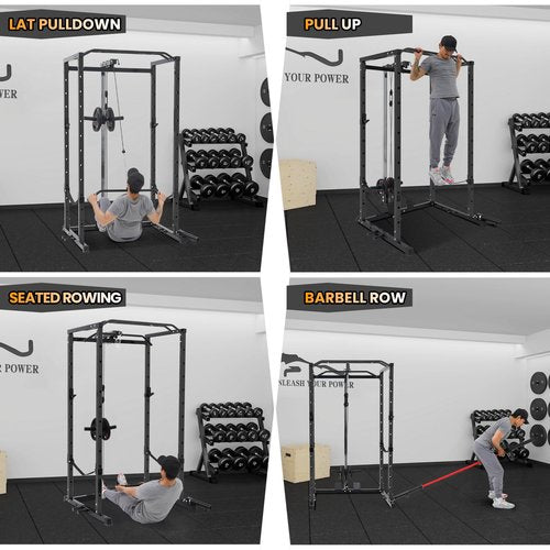 Power Cage with LAT Pulldown, Multi-Functional Power Rack with Cable Pulley System and J-Hooks, Squat Rack with Dip Bars and Landmine Attachment, Weight Cage for Home Gym Equipment (Black)