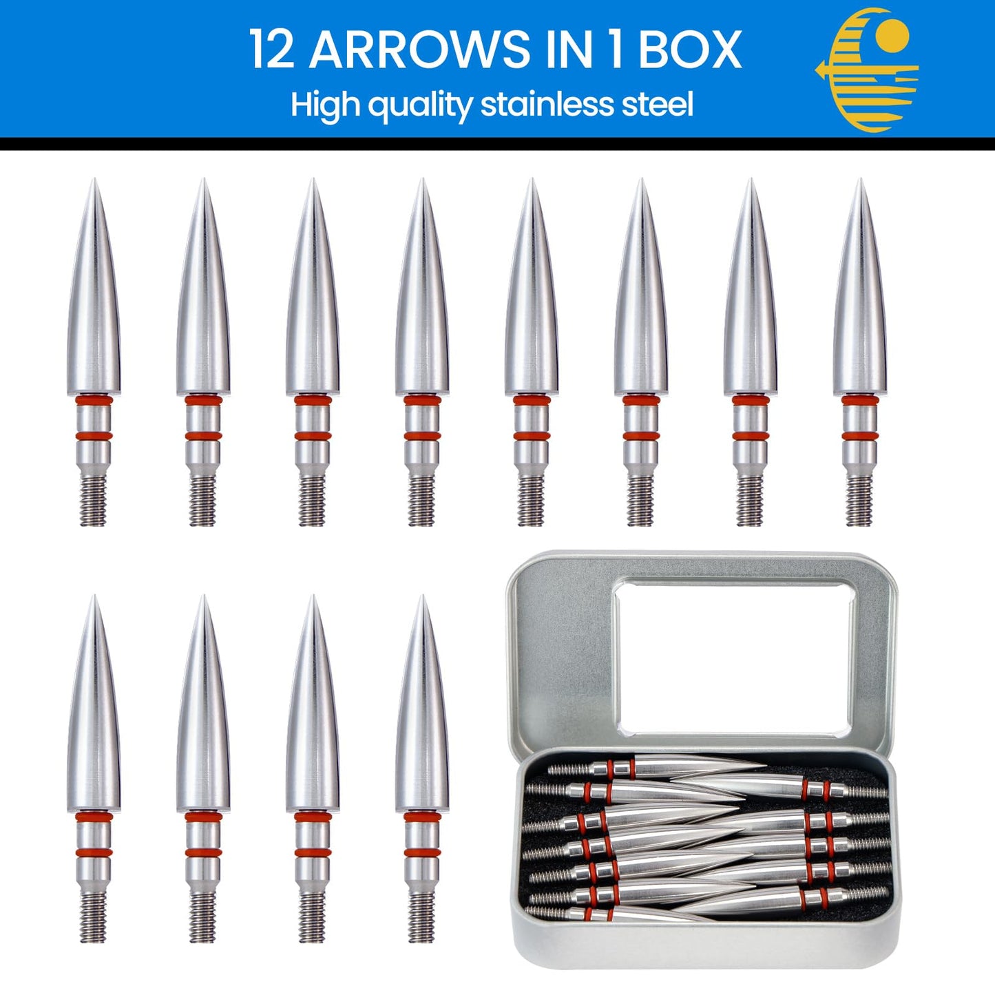 JGSDD 12pcs Archery Field Points, 100/125/150/300 Grain Field Points, Screw-in Archery Field Broadheads for Recurve, Compound Bow Crossbow, Archery Target Crossbow Practice Tip (9/32-100grain)