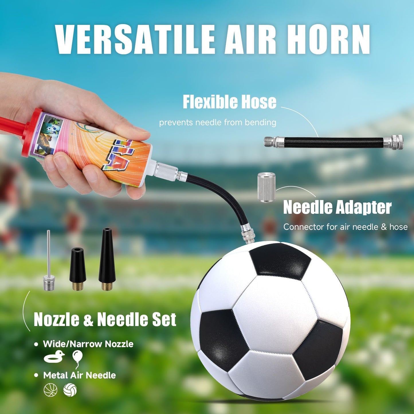 Mini Air Horns, Loud Sound Non-Toxic Party Horns for Children, Ball Pump with Needle, 3-in-1 Compatible with Balloons, Football, Swim Rings (Mini Ball pump 2pcs)