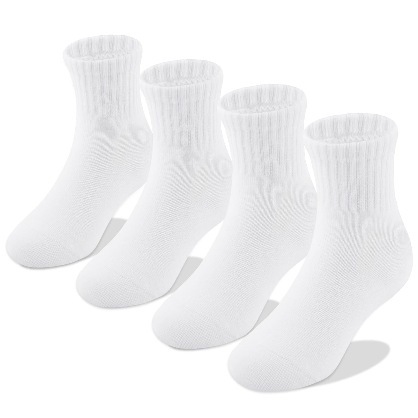 JORMATT 4 Pairs School Kids Boys Socks Girls Cotton Athletic Crew Dress Socks Seamless Toe Unisex, White Size XL 11-14 Years