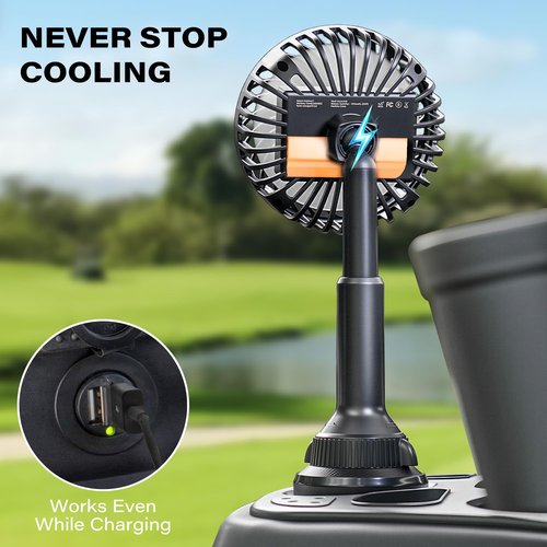 A2C Golf Cart Fan Rechargeable, Cup Holder Base Battery Operated Cooling Fan, 3 Speeds Powerful Airflow Compatible with EZGO, Club Car, Yamaha, 360° Rotatable Golf Cart Accessories