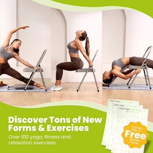 Foldable Yoga Auxiliary Chair with 3 Training Guide Posters for Versatile Exercises, Yoga Assist Handstand Chair with Detachable Lumbar Back Support for Stretching, Balance Training. (Grey)