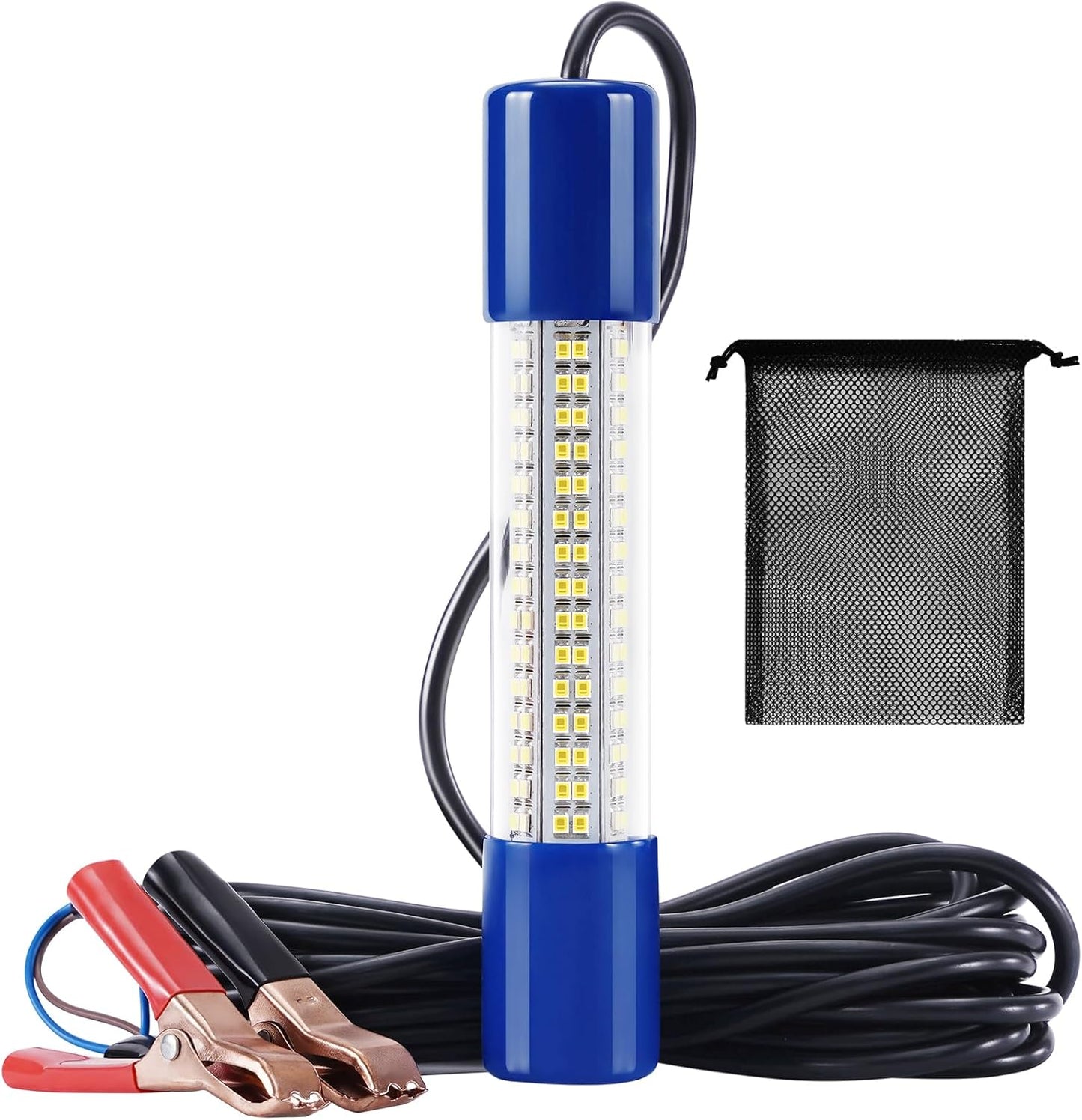 18W Underwater Fishing Light, IP68 Waterproof DC 12-24V LED Fish Bait Light Submersible Finder Attractants Lamp for Crappie Shrimp Squid Catfish + Battery Clamps, 16.4ft Cable Green/Blue/White Light