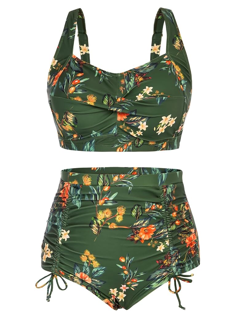 Plus Size Green Floral Two-Piece High Waisted Bikini – Hanna Nikole Variation: Green Flowers+18