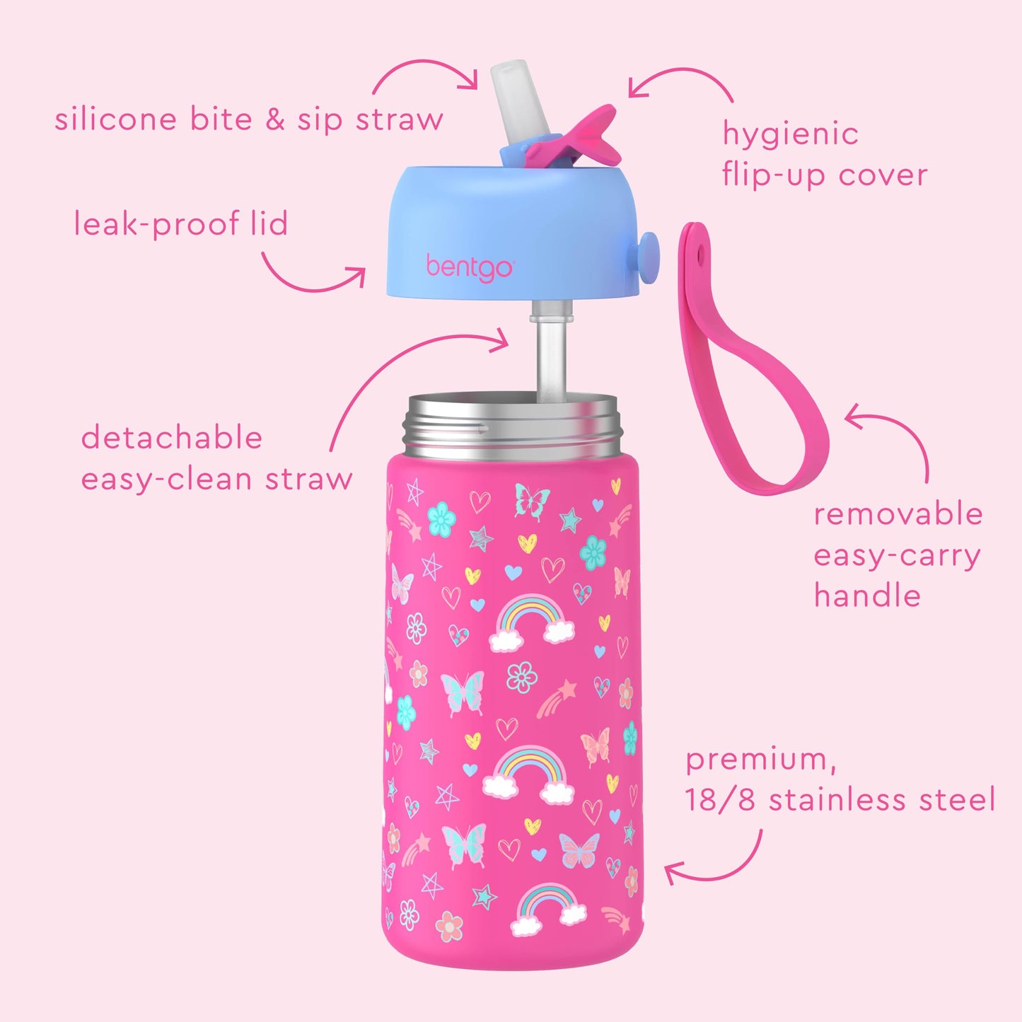 Bentgo® Kids Stainless Steel Insulated Water Bottle - Leak-Proof; Keeps Cool for 12 Hours; Durable, BPA-Free, Dishwasher Safe 14 oz. Cup for Ages 3+ for School/Sports/Daycare (Rainbows & Butterflies)