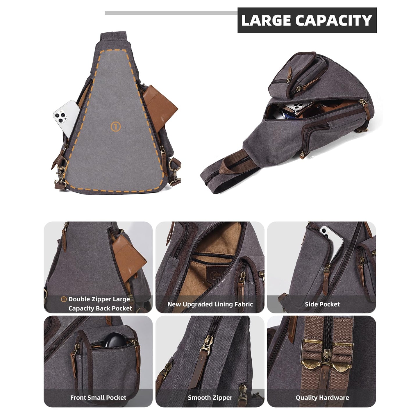 KL928 Canvas Sling Bag - Casual Crossbody Shoulder Daypack Rucksack Backpack for Men Women, Dark Grey