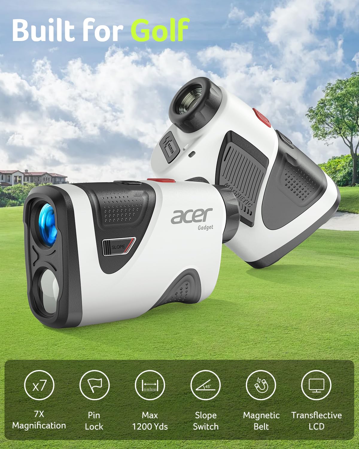 Acer Pro Golf Rangefinder with Slope Switch, Pin Lock Vibration - 1200 Yards Laser Range Finder Golf, 7X Magnification, Rechargeable Battery with Magnet Stripe, IP54 Waterproof, Golf Gifts for Men