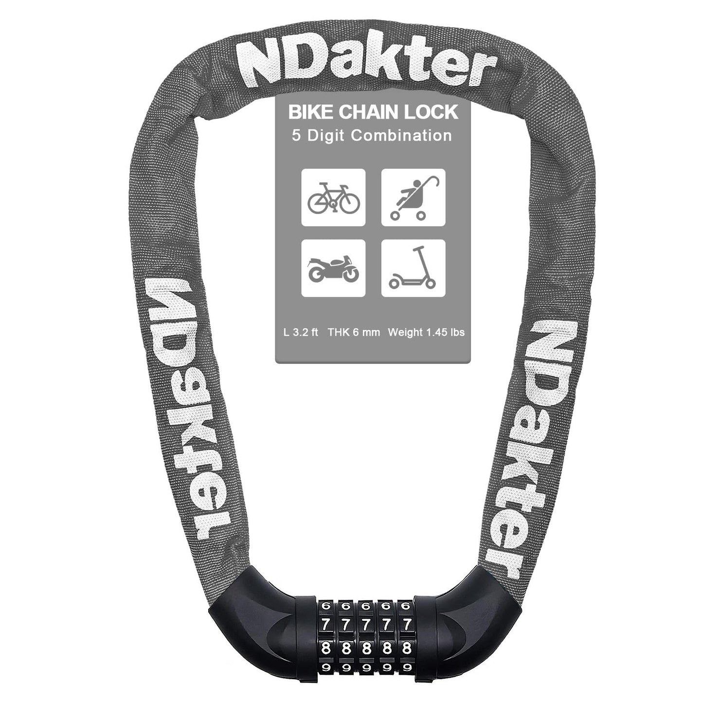 NDakter 5 Digit Combination Heavy Duty Anti Theft Bicycle Chain Lock, 2.62/3.2/4.27/5/6Ft Long Security Resettable Bike Locks for Bike, Bicycle, Scooter, Door, Gate, Fence-4/6mm Thick