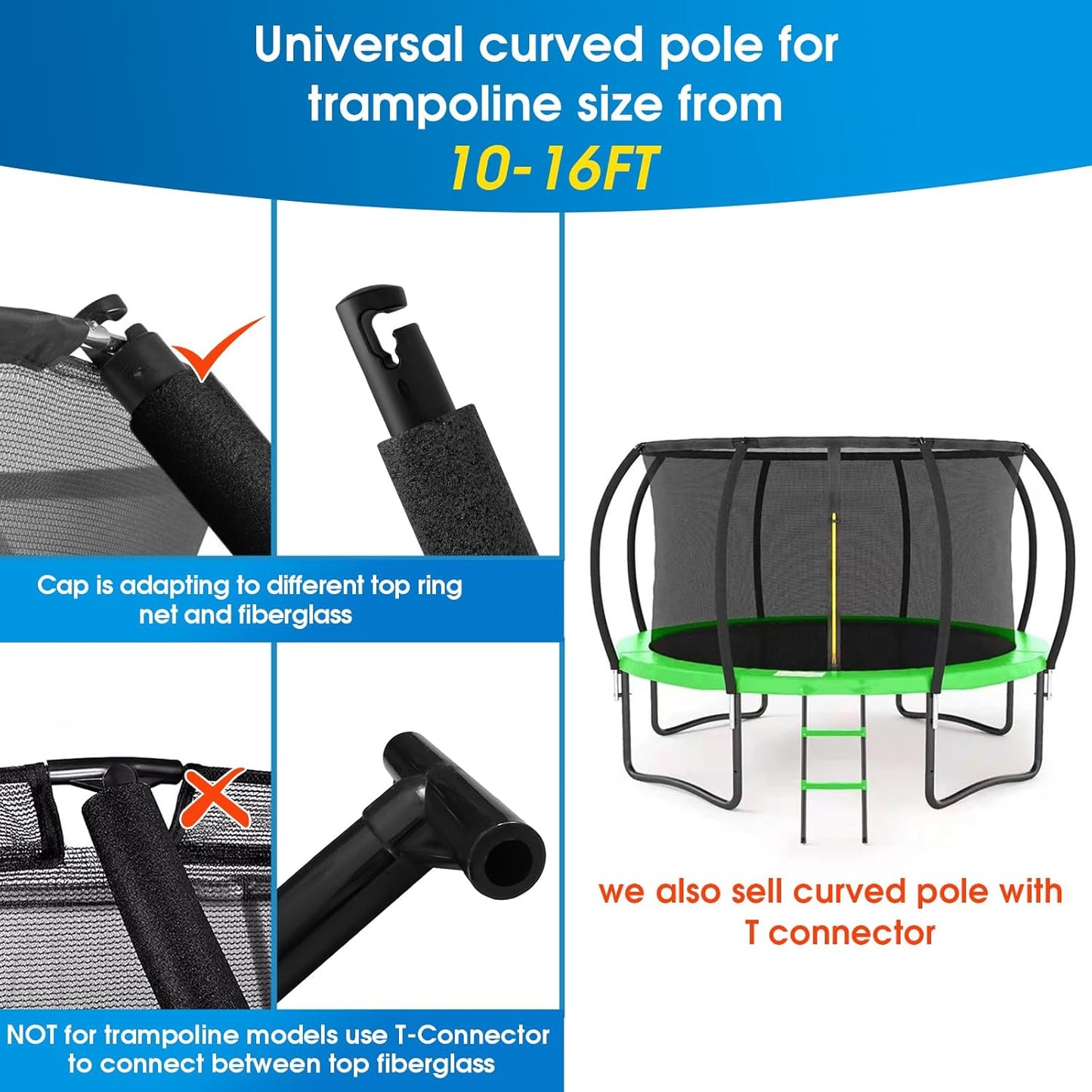 2 Sets Universal Trampoline Replacement Curved Net Pole, Curved Poles Kit for 10-16ft Frame, with Plastic Tube Cap, Mounting Hardware, Foam Cover Padding