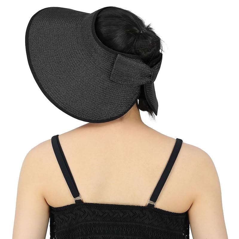 HDE Sun Visor Hat for Women - Packable Ponytail Visor with Bow, Black, One Size