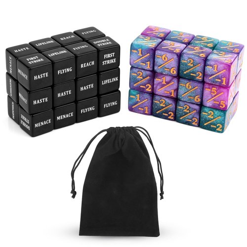 48pcs Abilities Keywords Counter Dice, Acrylic Creature Stats Buff Loyalty Dice Tokens Set Magic Life Counters for MTG TCG Card Gaming Accessories with Velvet Bag, Gathering Party Table Games