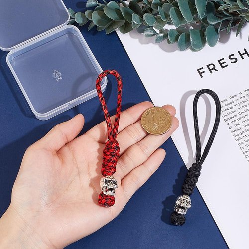 HOBBIESAY 2PCS EDC Knife Parachute Lanyards Tactical Knife Paracord Ropes Skull Parachute Lanyards Paracord Pocket Knives Lanyard Red and Black Braid Parachutes Lanyard for Knives Attachment Gadget