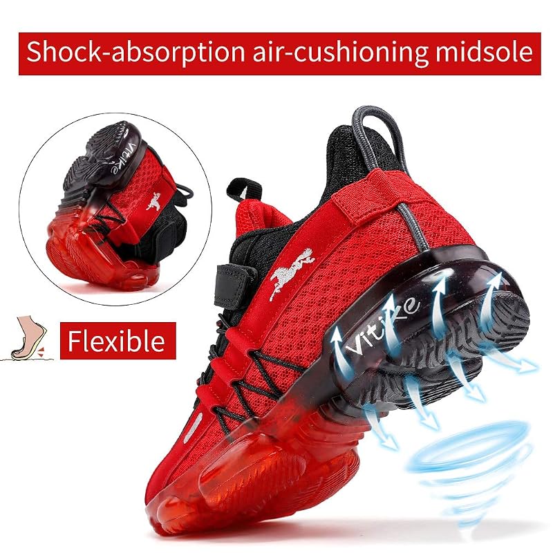 Kids Sneakers Running Shoes Boys Girls Knitted Mesh Elastic Lace Black/Red-8100+8