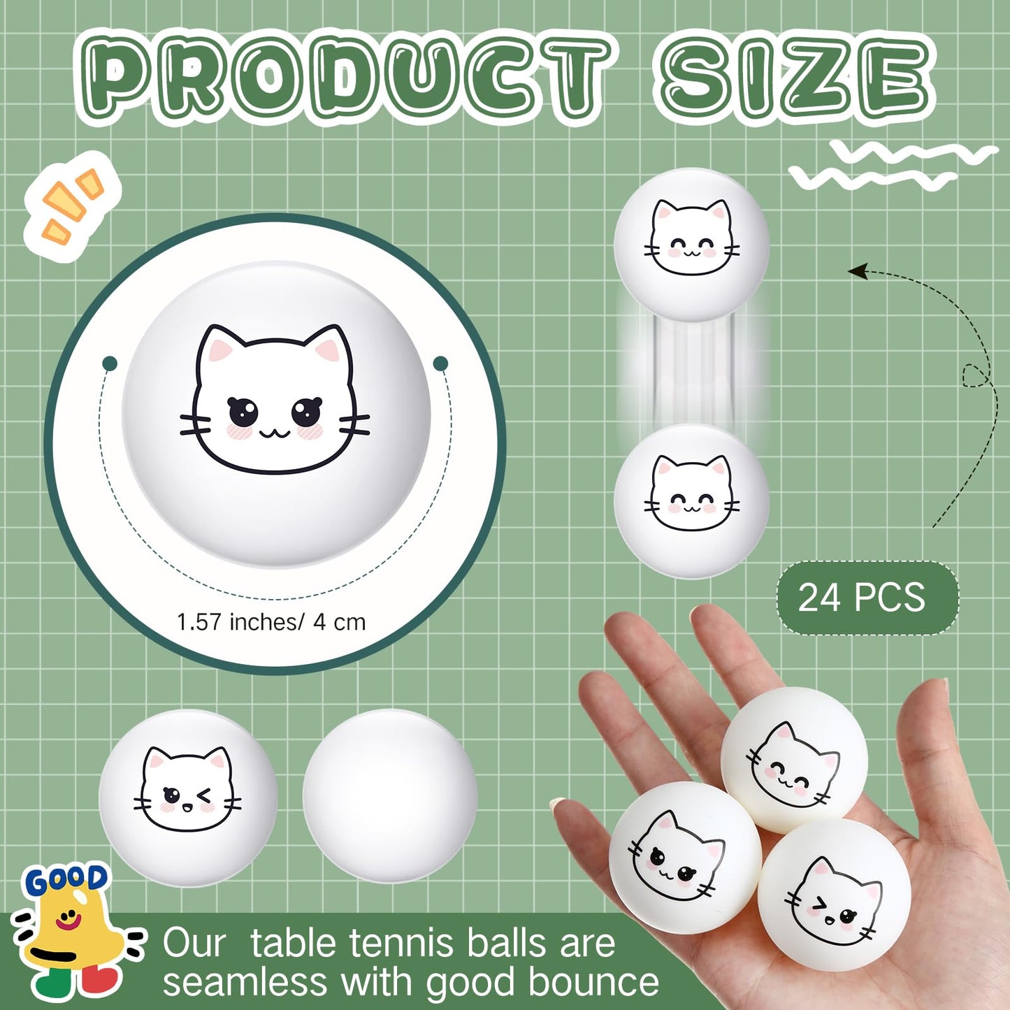 24 Pcs Cat Table Tennis Balls Novelty Face Cute Table Tennis Balls Bouncy Cats Toys for All Golfers Birthday Gift Outdoor Practice Pet Toys