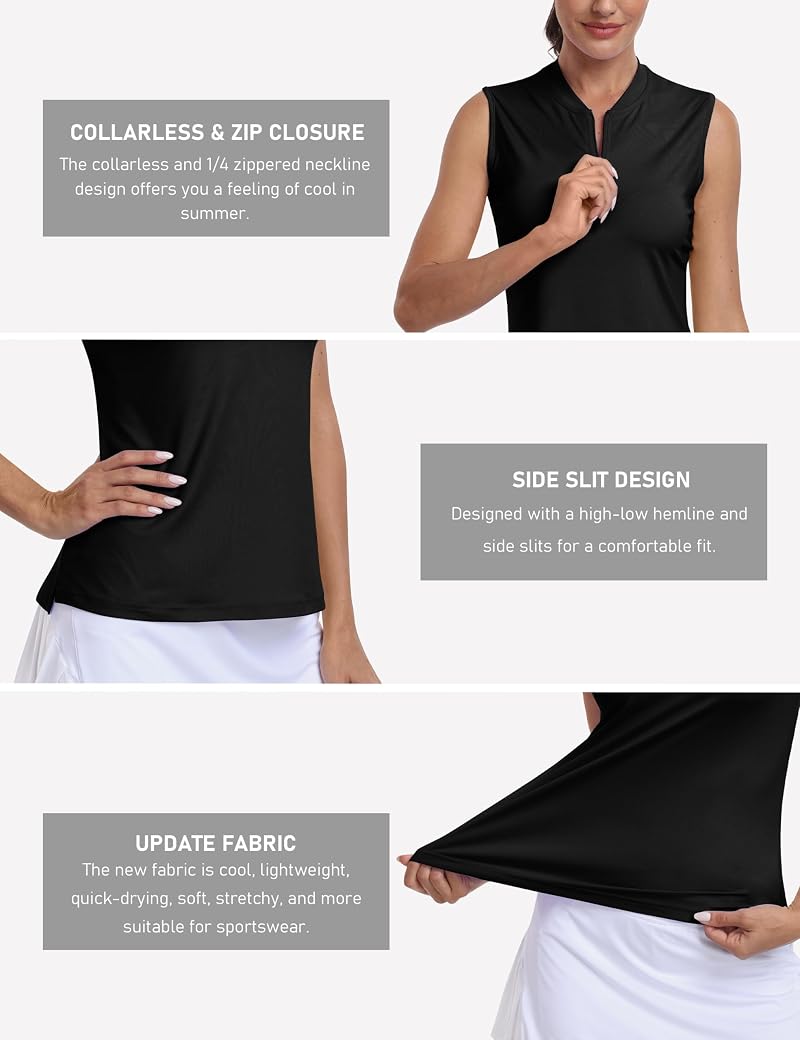 MoFiz Sleeveless Polo 1/4 Zip Collarless Golf Top - Black, Small