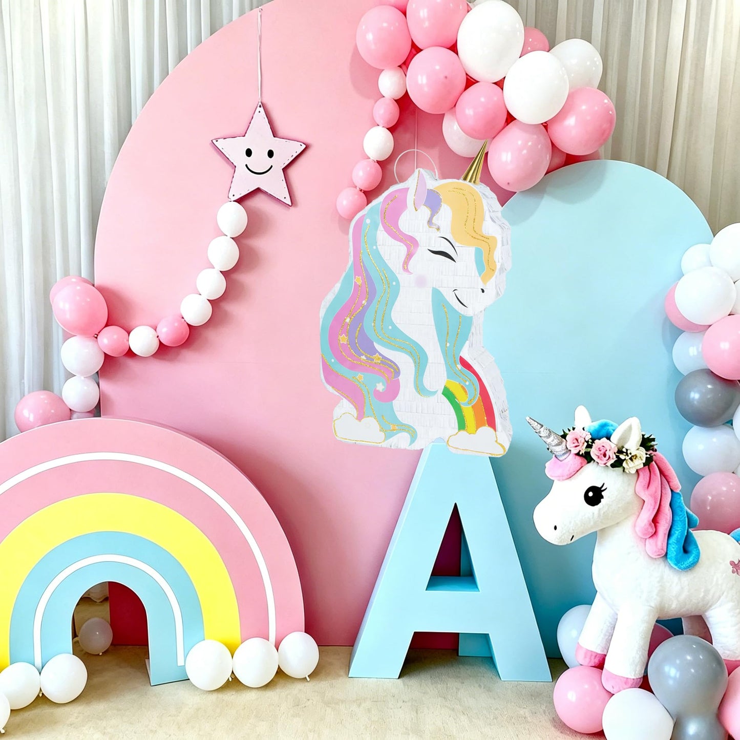 PCFING 20 Inch Unicorn Piñata with 30 Inch Piñata Stick Blindfold Confetti for Boy Girl Fantasy Princess Birthday Party Game Decorations, Anniversary Celebration, Fiesta