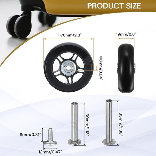 HiPicco Luggage Suitcase Replacement Wheels, 70x19mm Rubber Swivel Caster Bearings Repair Kit - Include 2 PU Bearing Wheels & Washers, Wrenches & Axle Screw for Trolley Bag, Caster Board