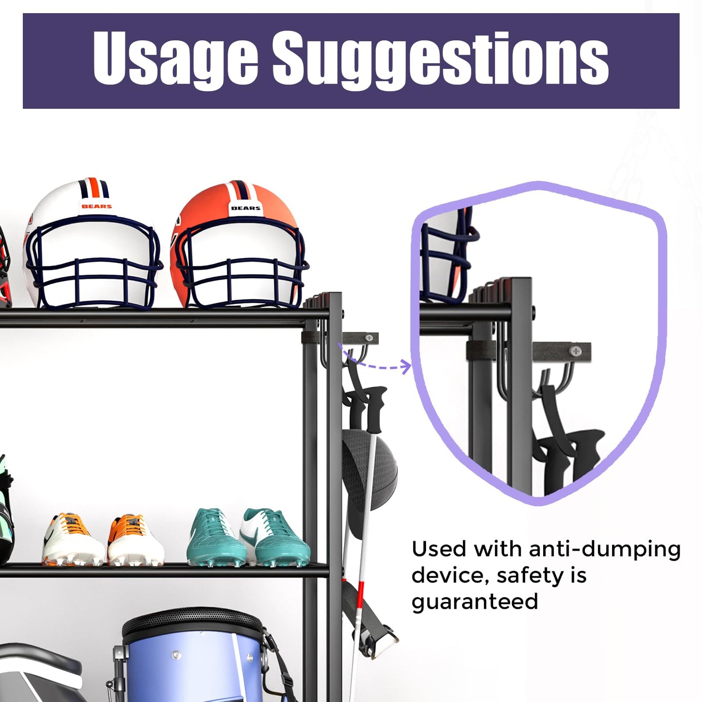JIRTEMOT Sports Equipment Organizer, Heavy Duty Golf Bags Stand, Extra Large Ball Storage Rack for Garage, Sports Gear Storage with Basket and Hooks, Black
