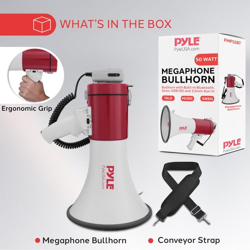 Pyle Portable Megaphone Speaker PA Bullhorn-Built-in Siren, 50W Adjustable Volume Control &1200 Yard Range-Ideal for Any Outdoor Sports, Cheerleading Fans & Coaches or for Safety Drills - PMP52BT