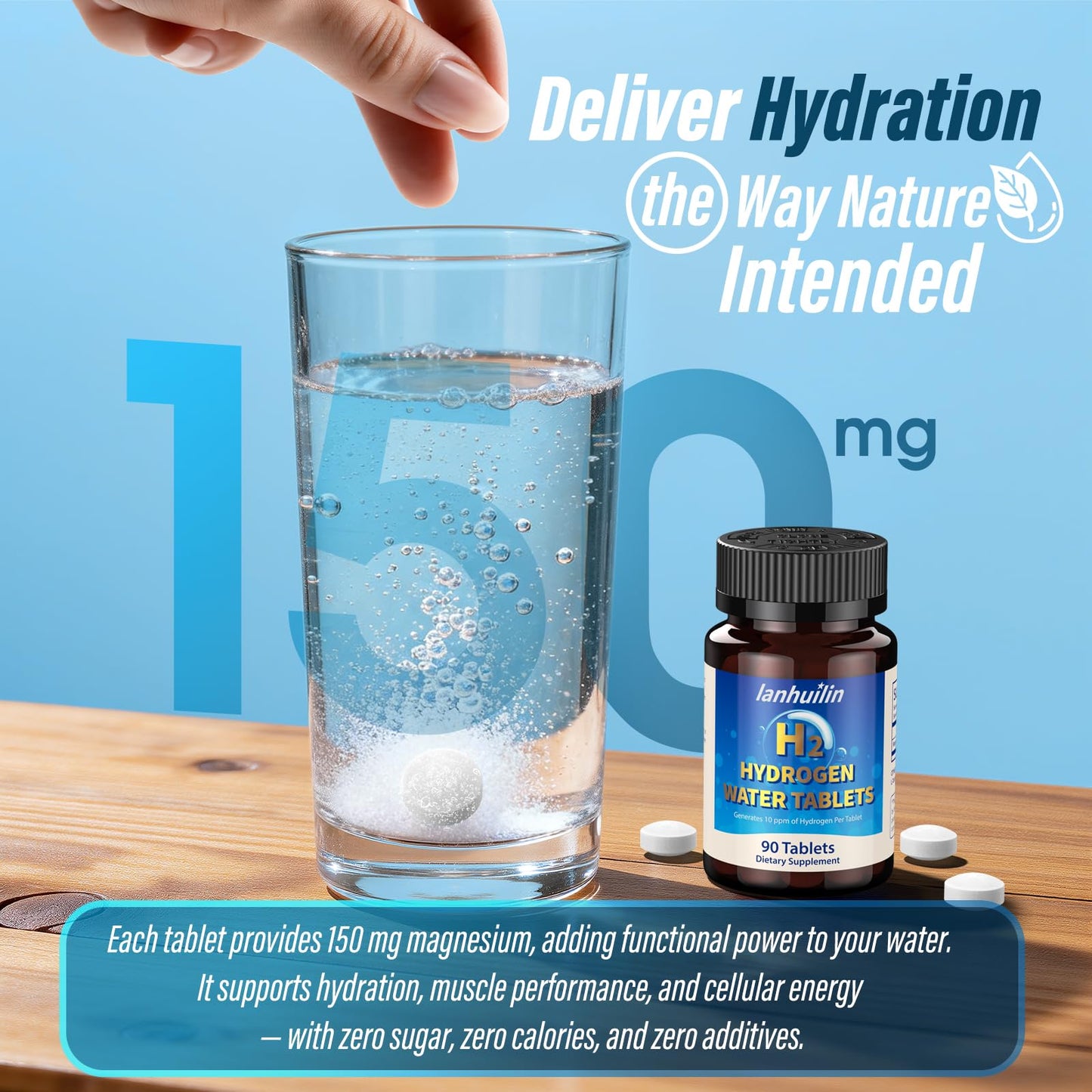 Hydrogen Water Tablets 150mg Magnesium – 10 PPM Molecular Hydrogen Tablets for Drinking Water, Supports Healthy Aging, Cellular Energy, Recovery & Brain Health – GMO-Free & Gluten-Free, 80 Tablets