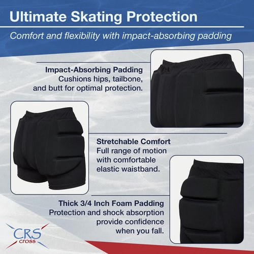 CRS Cross Padded Figure Skating Shorts. Crash Pad Pants for Roller, Inline, Ice Skating, Snowboarding, and Skiing. Fall Impact Protection for Butt, HIPS, and Tailbone (Ladies Large Black)