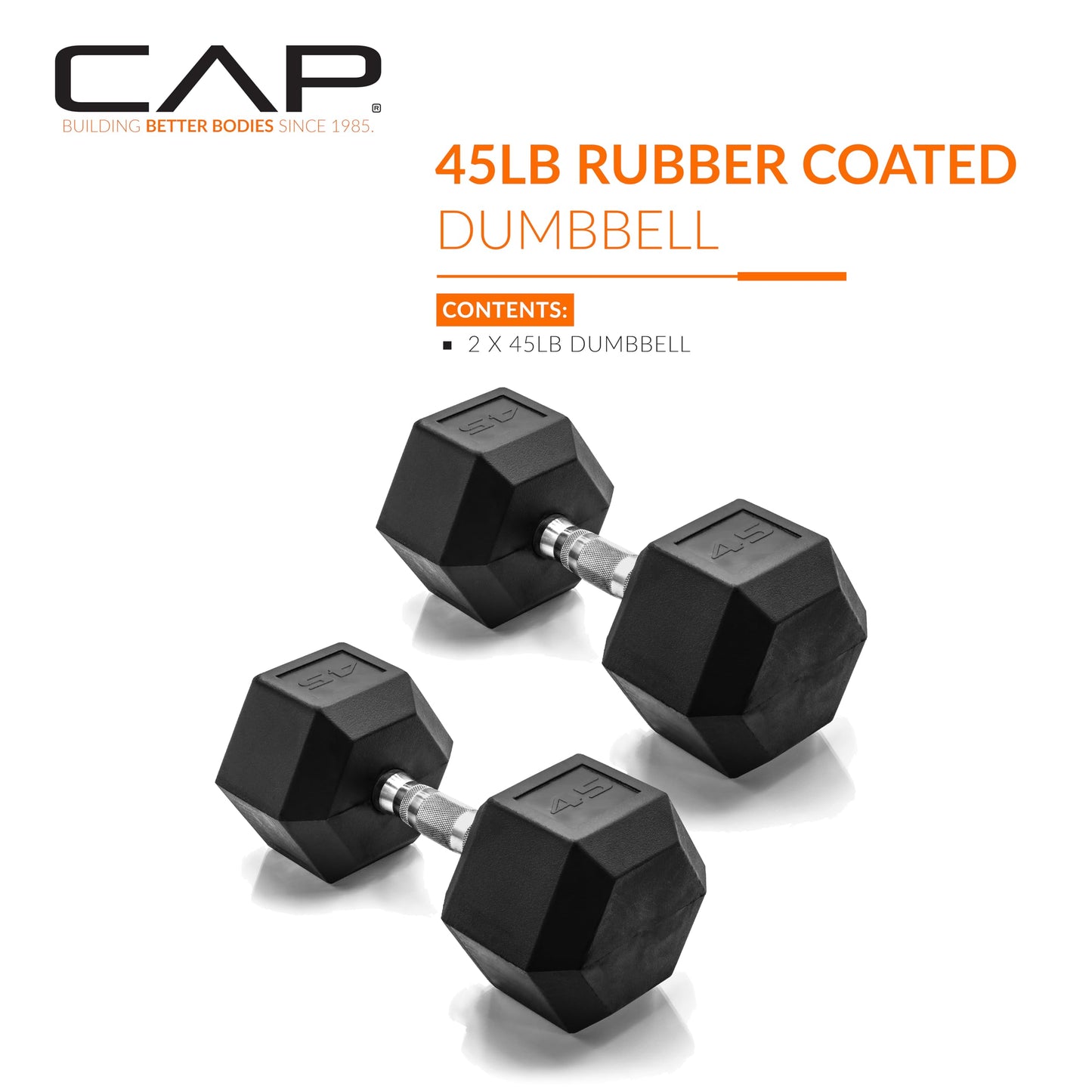 CAP 45 LB Rubber Coated Hex Dumbbell Weight, Rubber Free Weights for Home Gym Strength Training, Chrome Handle, Pair