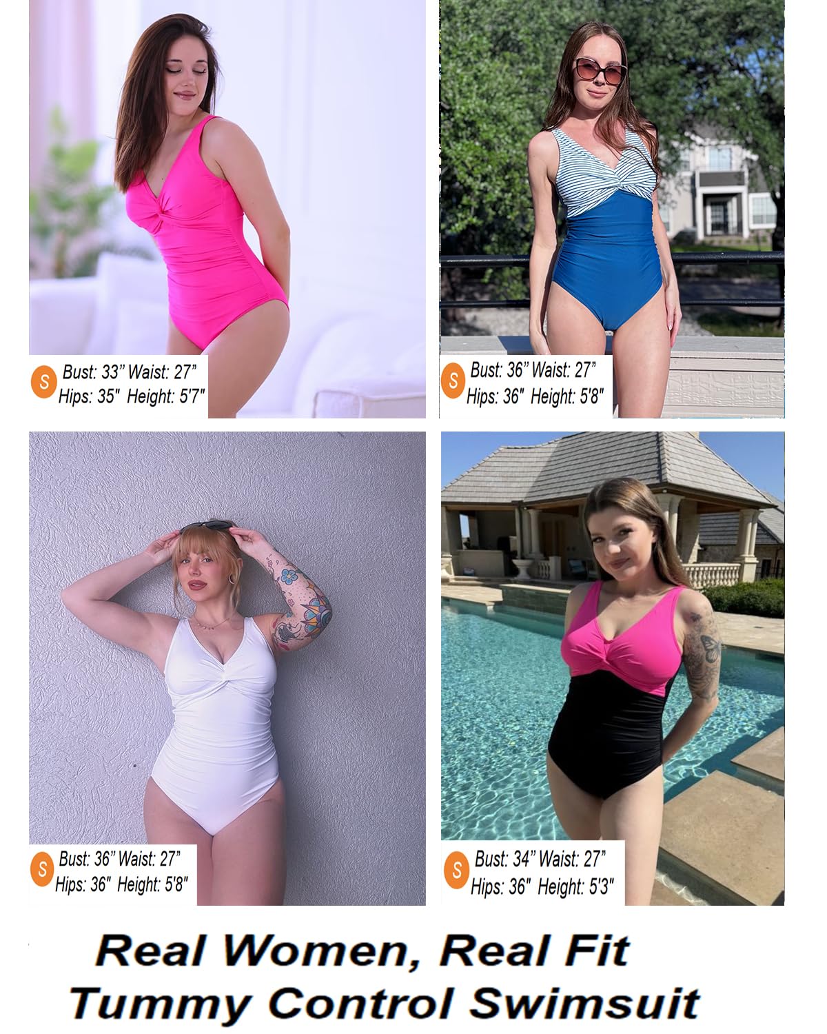 Holipick Blue Striped Women Tummy Control One Piece Swimsuit - Push Up Bathing Suit Full Coverage Slimming Swimwear L