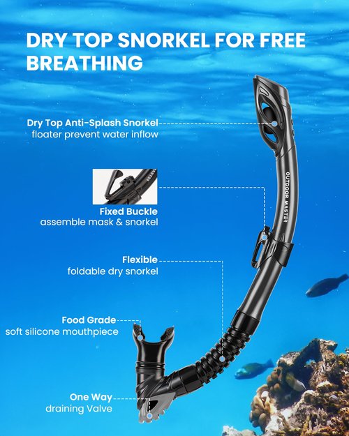 OutdoorMaster Mobula Snorkeling Gear for Adults, Diving Mask and Snorkel Set with Tempered Glass Anti-Fog, TOP Dry Snorkel for Diving Snorkeling Swimming,Black