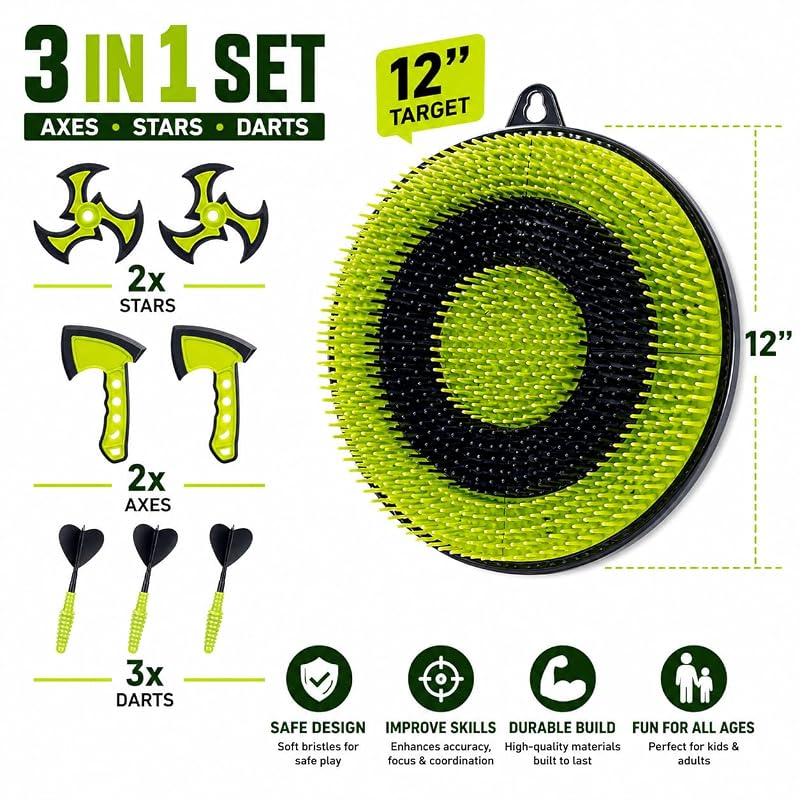 Leeray 3-in-1 Axe Throwing Game with Bristle Target Board - 12-Inch Green (Black+Green) Variation