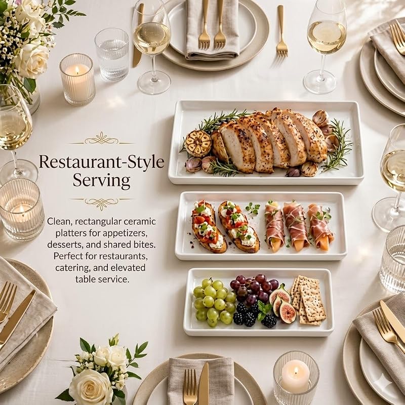 Large Rectangular Serving Platter Set of 3 – 16, 14 & 12 Inch Porcelain Trays, White