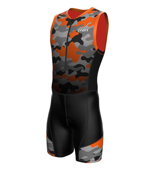 Sparx Men`s Triathlon Suit Trisuit Race Skinsuit Cycling Speed Suit Italian Fabric Swimskin (Orange_Camo_L)