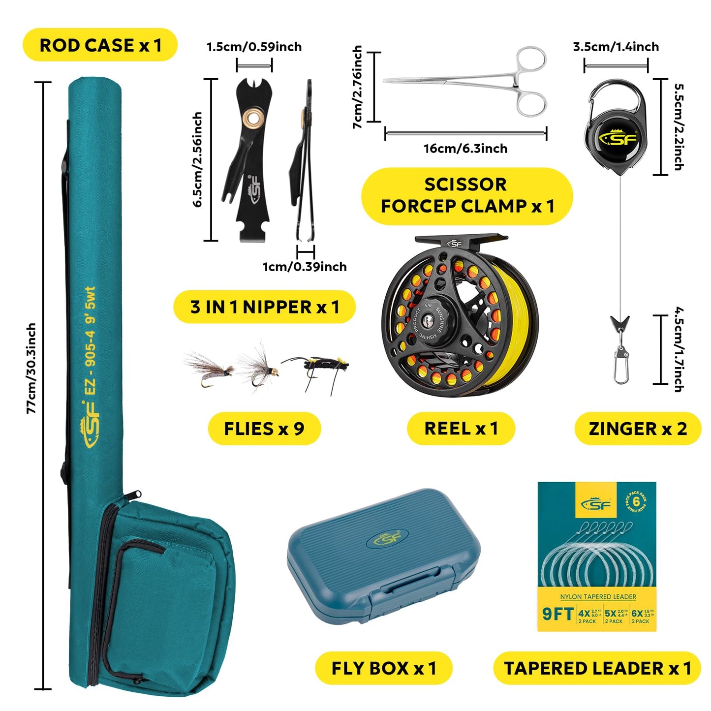 SF 5WT 9FT Fly Fishing Rod Combo Starter Kit 4 Piece Semi Gloss Green Jade Finish 24T Carbon Fiber Trout Travel Fly Rod with Reel,Travel Fly Rod Case,Fly Box , Flies,Tapered Leader,Knot Tying Tools