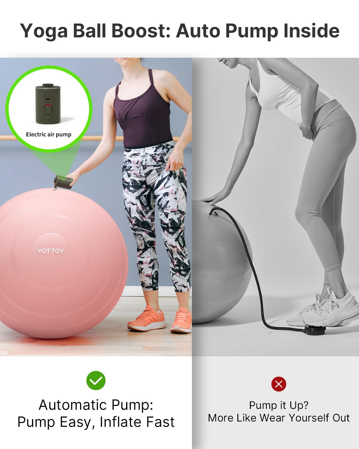 YOTTOY Exercise Ball for Working Out, Anti-Burst Yoga Ball for Pregnancy,Extra Thick Workout Ball with Electric Air Pump, pink