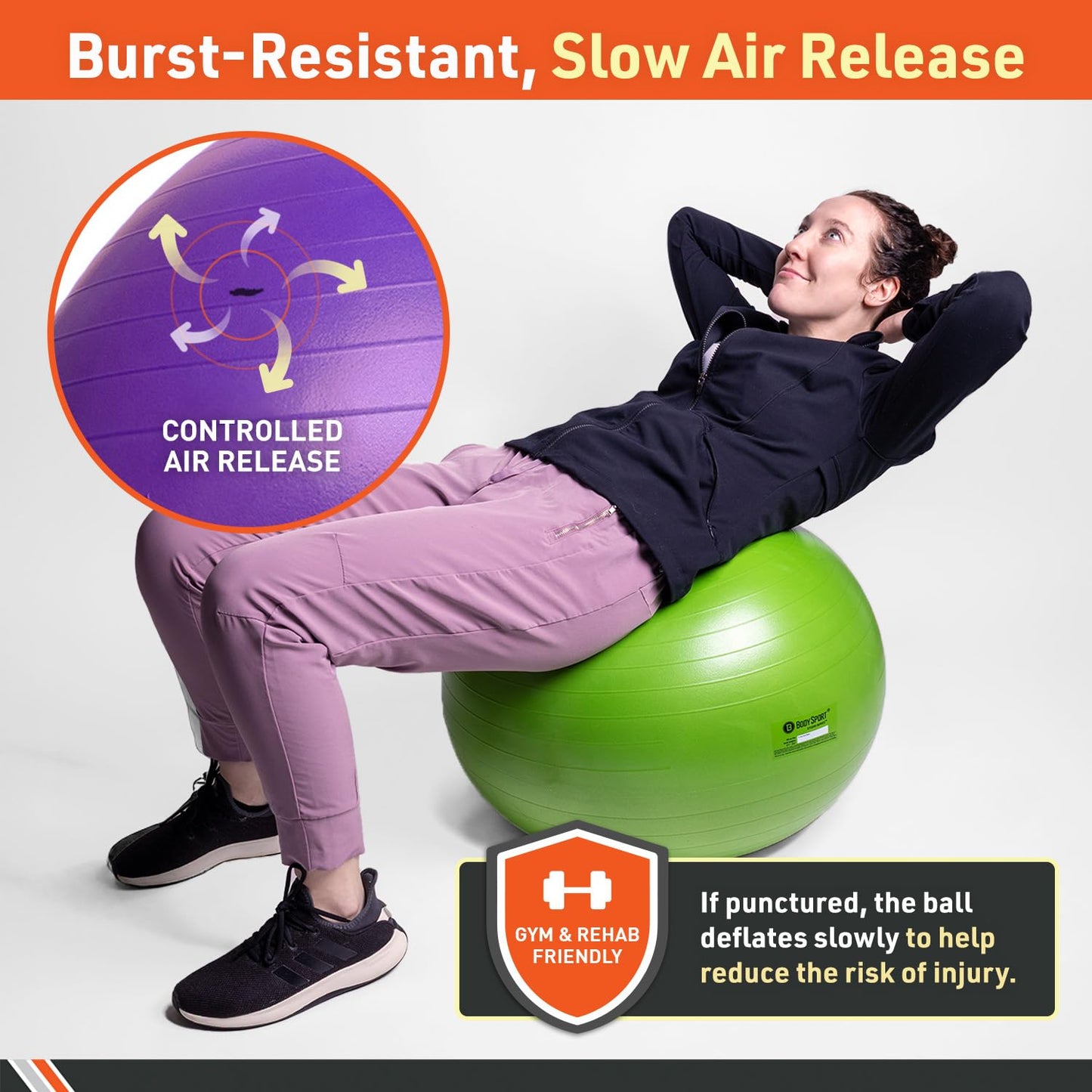 Body Sport Slow Release 55cm Exercise Ball with Pump, Gym Equipment for Home or Office, Stability Fitness Ball, Pregnancy Ball, Core Strength Training Equipment