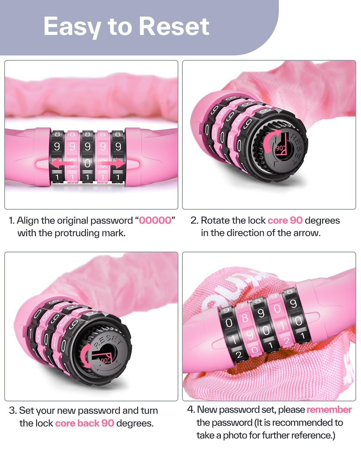 Sportneer Bike Lock: 5 Digit Combination High Security Anti Theft Bike Chain Lock - 3.2/3.6/4ft Heavy Duty Resettable Keyless Bicycle Lock for Bike, Motorcycle, Scooter, Door & Gate - 6mm Thick Pink