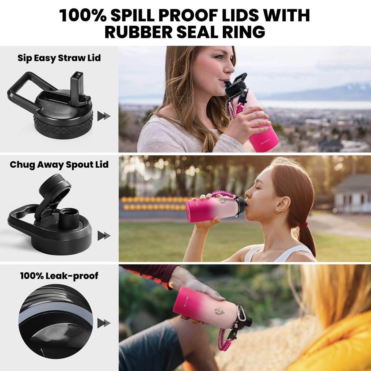 RAYMYLO Insulated Water Bottle 32 oz, Triple Wall Vacuum Stainless Steel (Cold for 24Hrs, Hot for 12Hrs), Leak Proof & Non-BPA, Modern Water Flask Jug with Paracord Handle & Straw Spout Lids