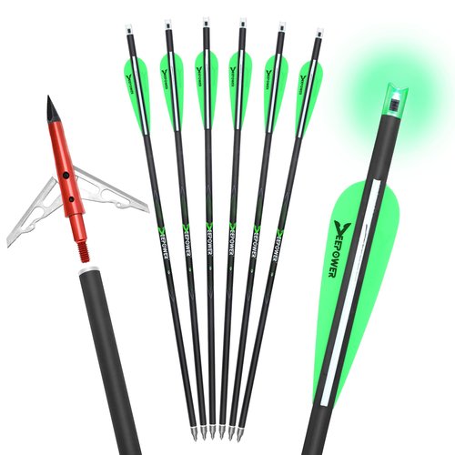 DEEPOWER 6 Pack Crossbow Bolts 20 inch with Broadheads 100 Grain and 7.62mm Lighted Nocks Crossbow Arrows for Hunting and Practice (Green)